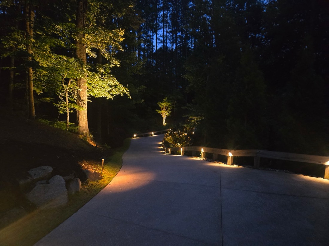 Low-voltage landscape lighting along a walkway in Simpsonville, SC